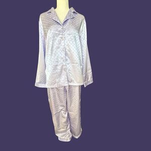 VTG 90s Y2K Satin jacquard Polka Dot Long Sleeve Pajama Set Lavender Button XL